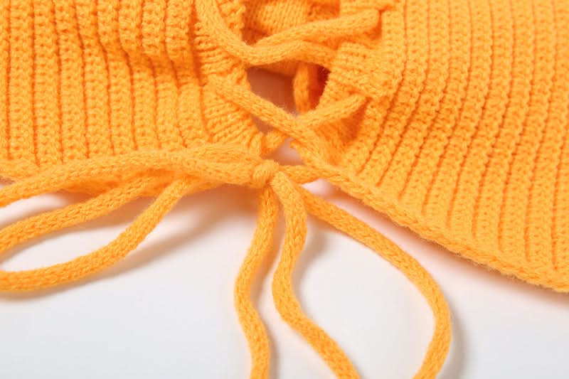 Radiant Bow Halter Knit Crop Top & Mini Skirt Set - Pearl Accented Vacation Style