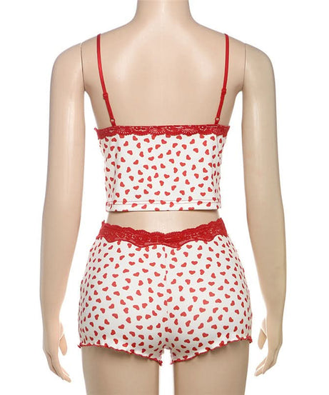 Cozy Sweetheart Lace Cami & Shorts Loungewear Set - Adorable Heart Print PJs for Fall Nights