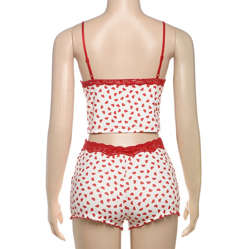 Cozy Sweetheart Lace Cami & Shorts Loungewear Set - Adorable Heart Print PJs for Fall Nights