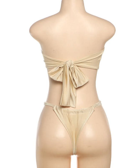 Luxe Golden Shimmer Bow Bandeau Bikini Set with Tropical Orchid – Perfect for Your Winter Getaway