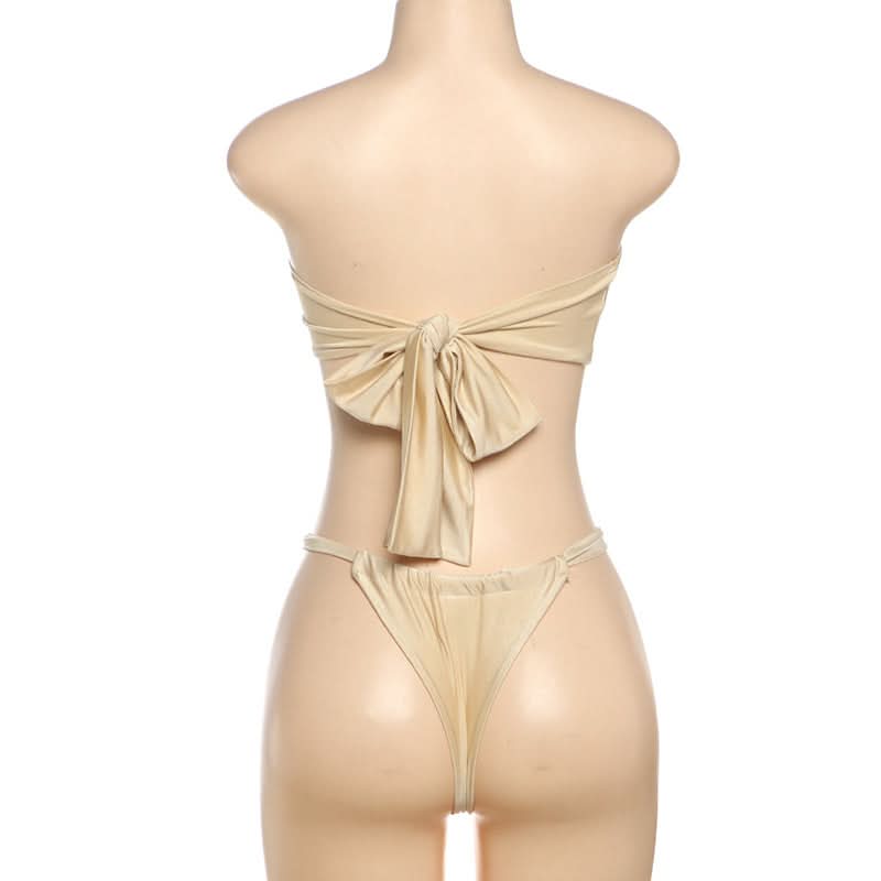 Luxe Golden Shimmer Bow Bandeau Bikini Set with Tropical Orchid – Perfect for Your Winter Getaway