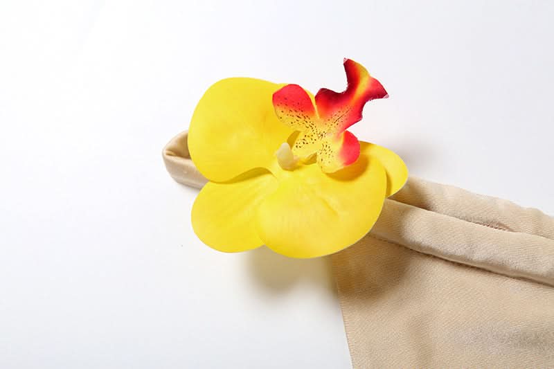 Luxe Golden Shimmer Bow Bandeau Bikini Set with Tropical Orchid – Perfect for Your Winter Getaway