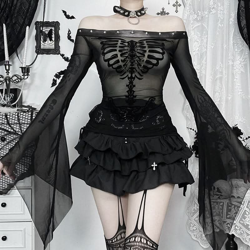 Spooky Chic Skeleton Mesh Top | Off-Shoulder Goth & Alt Bell Sleeve for Halloween & Fall