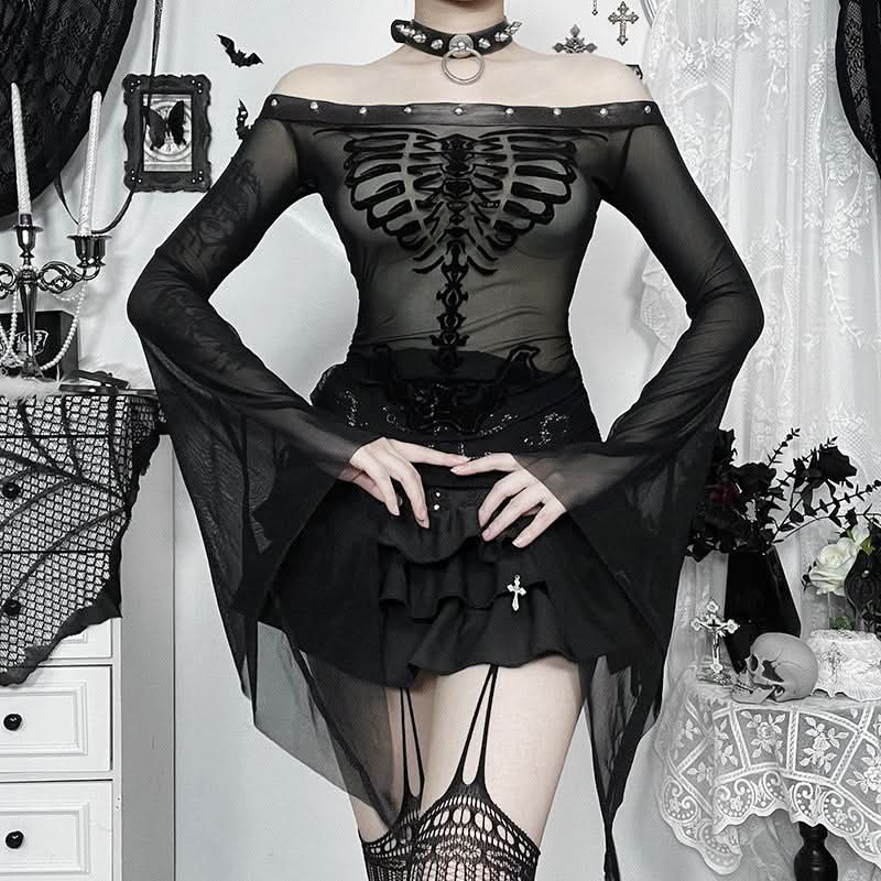 Spooky Chic Skeleton Mesh Top | Off-Shoulder Goth & Alt Bell Sleeve for Halloween & Fall