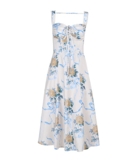 Romantic Floral & Ribbon Midi Dress - Dreamy Drawstring Cami for Vacation & Escape