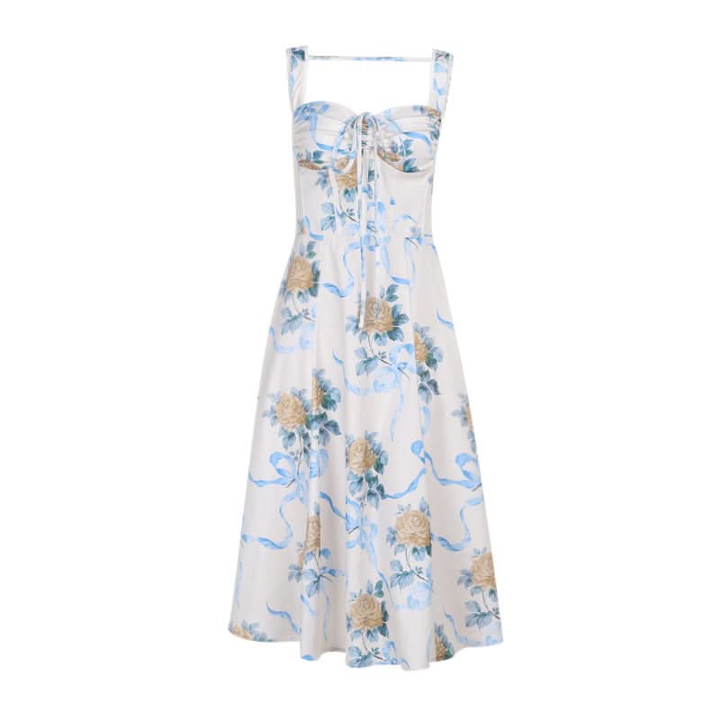 Romantic Floral & Ribbon Midi Dress - Dreamy Drawstring Cami for Vacation & Escape