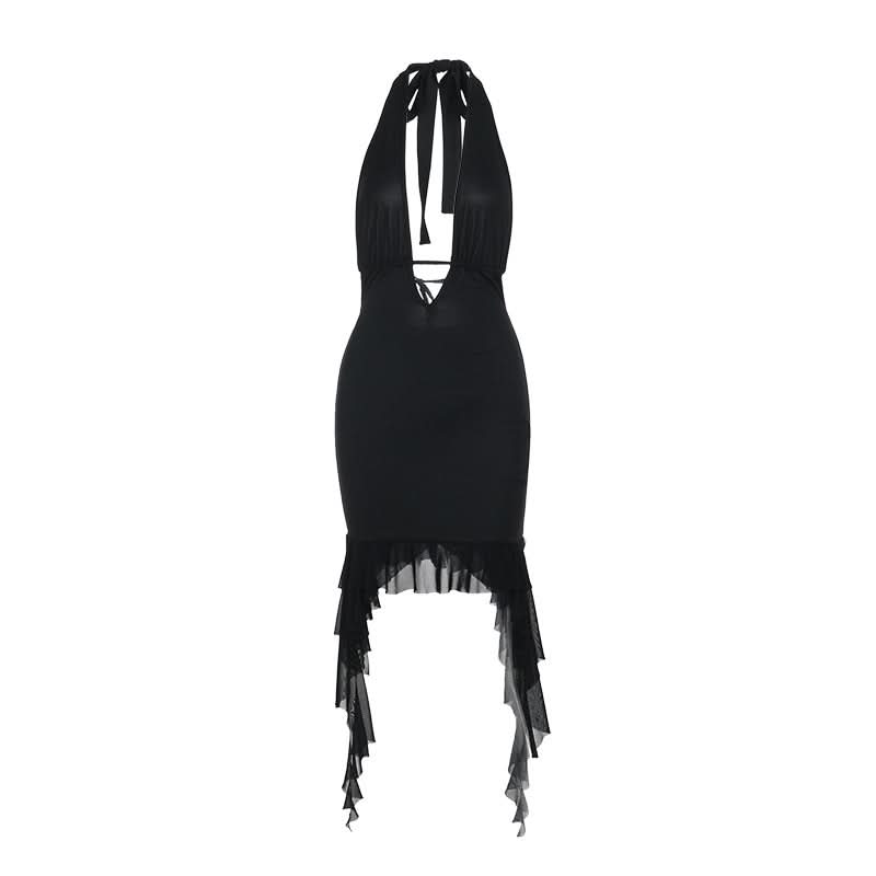 Siren's Call: Black Halter Lace-Up Deep V Mini Dress with Dramatic Ruffle Hem – Your Ultimate Fall Party & NYE Statement