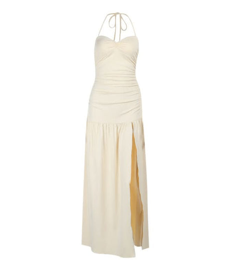 Effortless Chic Ruched Halter Maxi Dress – High Slit Elegance for Holiday Getaways & Special Occasions