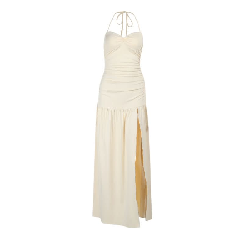 Effortless Chic Ruched Halter Maxi Dress – High Slit Elegance for Holiday Getaways & Special Occasions