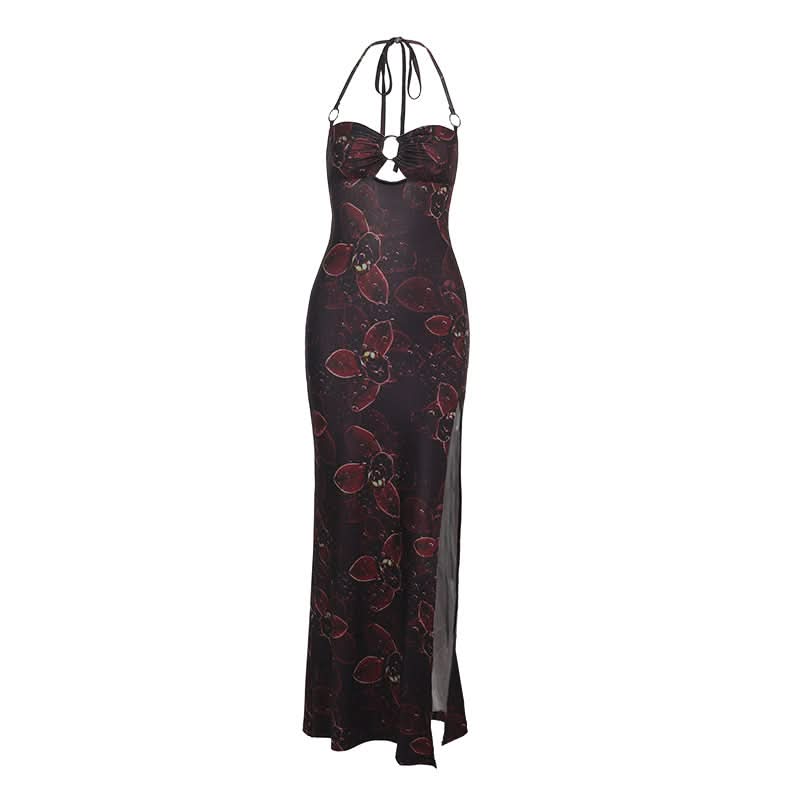 Mystic Bloom Halter Maxi Dress: Dark Floral O-Ring Backless with Slit - Fall & Holiday Glam