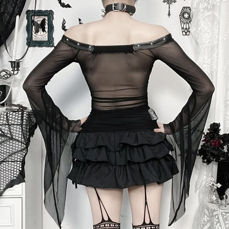 Spooky Chic Skeleton Mesh Top | Off-Shoulder Goth & Alt Bell Sleeve for Halloween & Fall