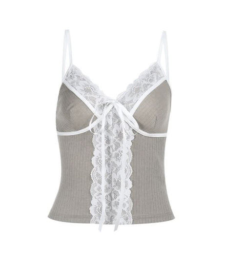 Effortless Chic Ribbed Knit Lace Cami Top with Self-Tie V-Neck - Versatile Fall Layering