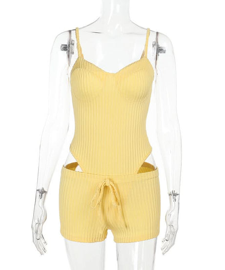 Buttery Soft Ribbed Knit Cami & Shorts Lounge Set - Yellow Comfort for Fall Cozy & Warm Getaways
