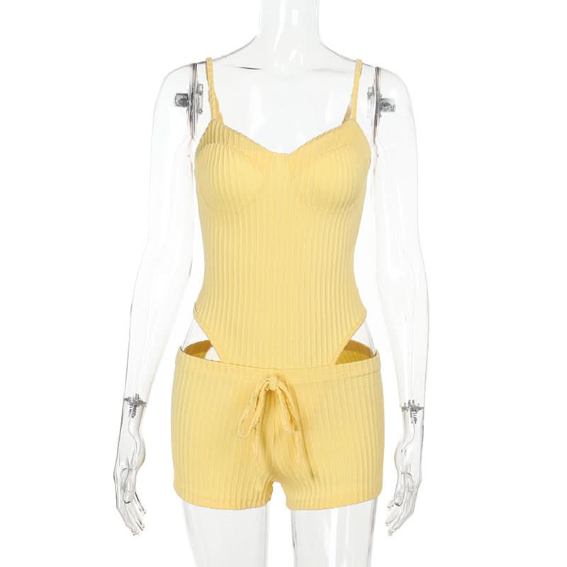 Buttery Soft Ribbed Knit Cami & Shorts Lounge Set - Yellow Comfort for Fall Cozy & Warm Getaways