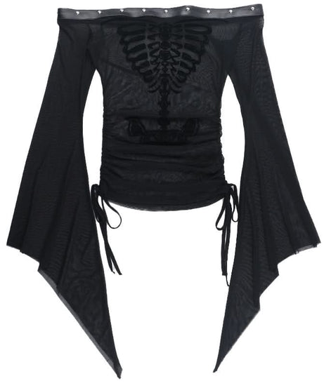Spooky Chic Skeleton Mesh Top | Off-Shoulder Goth & Alt Bell Sleeve for Halloween & Fall