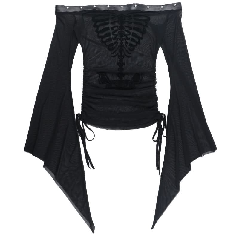 Spooky Chic Skeleton Mesh Top | Off-Shoulder Goth & Alt Bell Sleeve for Halloween & Fall