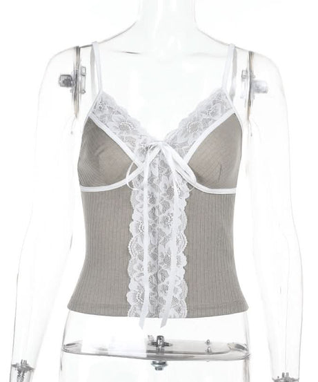 Effortless Chic Ribbed Knit Lace Cami Top with Self-Tie V-Neck - Versatile Fall Layering