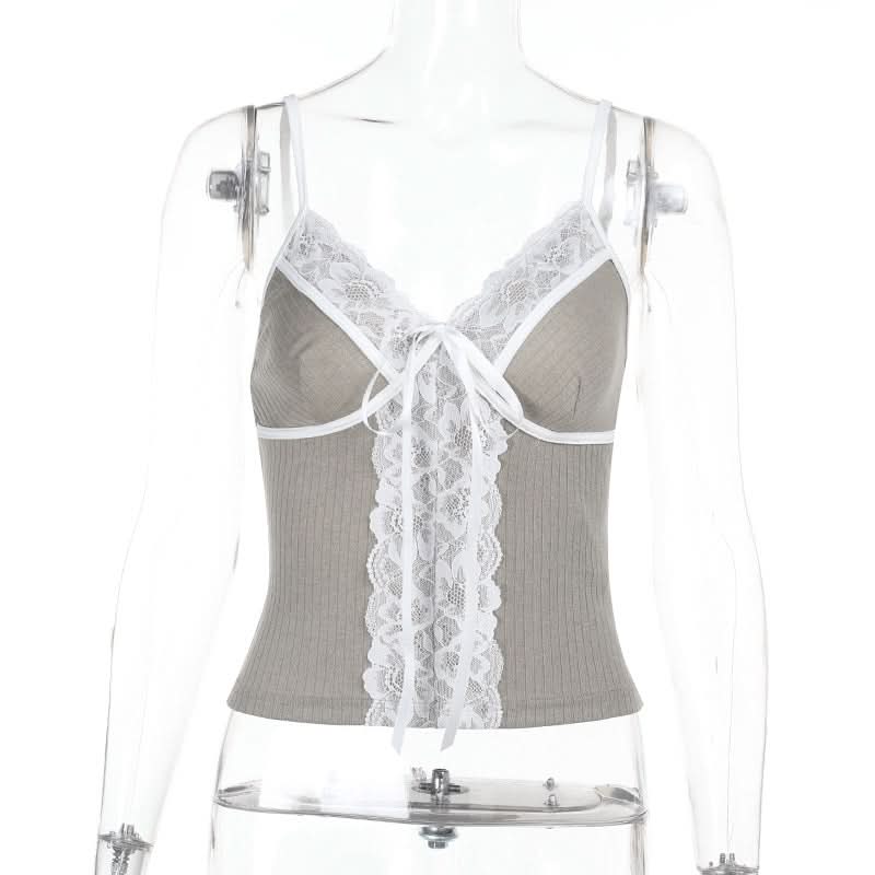 Effortless Chic Ribbed Knit Lace Cami Top with Self-Tie V-Neck - Versatile Fall Layering