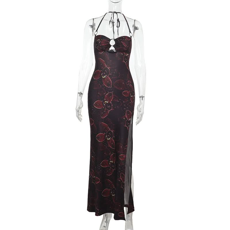 Mystic Bloom Halter Maxi Dress: Dark Floral O-Ring Backless with Slit - Fall & Holiday Glam