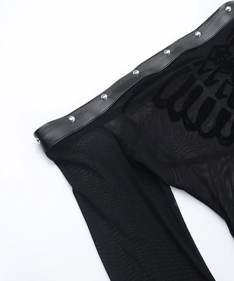 Spooky Chic Skeleton Mesh Top | Off-Shoulder Goth & Alt Bell Sleeve for Halloween & Fall