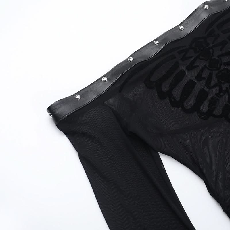 Spooky Chic Skeleton Mesh Top | Off-Shoulder Goth & Alt Bell Sleeve for Halloween & Fall