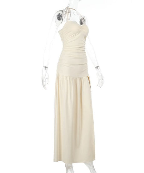Effortless Chic Ruched Halter Maxi Dress – High Slit Elegance for Holiday Getaways & Special Occasions