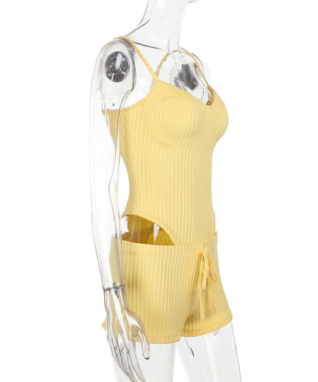 Buttery Soft Ribbed Knit Cami & Shorts Lounge Set - Yellow Comfort for Fall Cozy & Warm Getaways