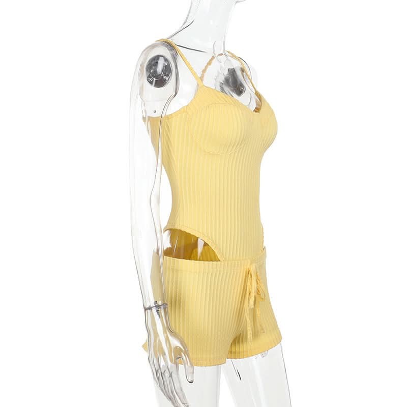 Buttery Soft Ribbed Knit Cami & Shorts Lounge Set - Yellow Comfort for Fall Cozy & Warm Getaways