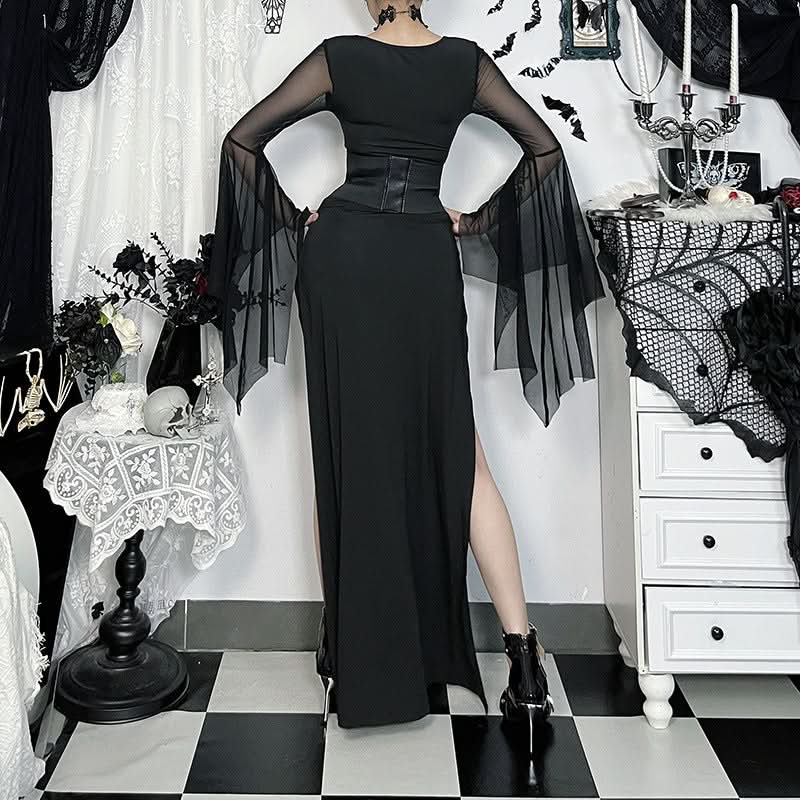 Bewitching Black Gothic Corset Maxi Dress with Bell Sleeves & High Slits - Perfect for Halloween & Fall Parties