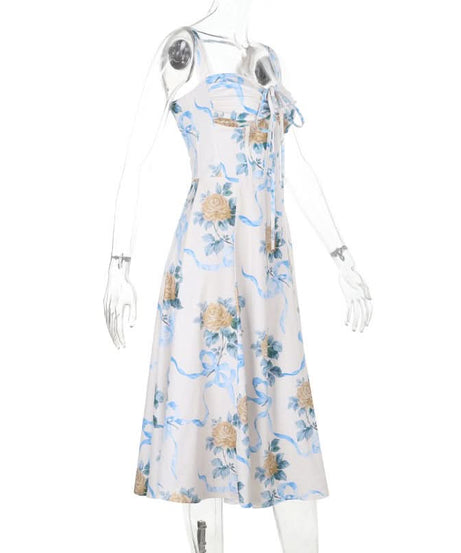 Romantic Floral & Ribbon Midi Dress - Dreamy Drawstring Cami for Vacation & Escape