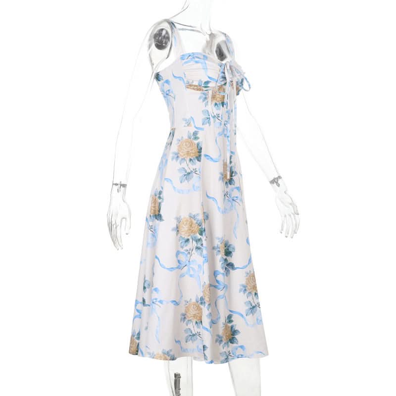 Romantic Floral & Ribbon Midi Dress - Dreamy Drawstring Cami for Vacation & Escape