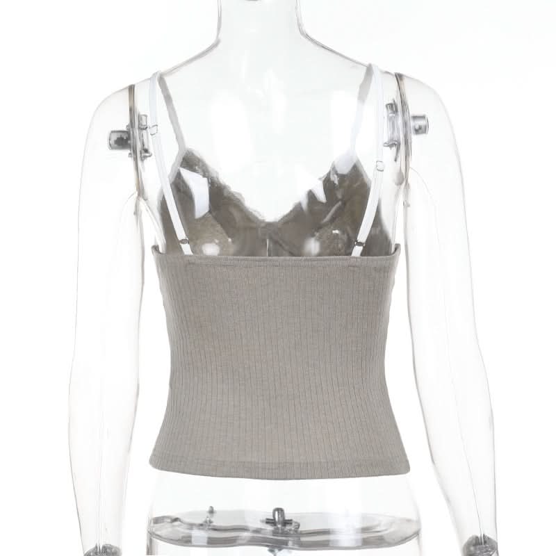 Effortless Chic Ribbed Knit Lace Cami Top with Self-Tie V-Neck - Versatile Fall Layering