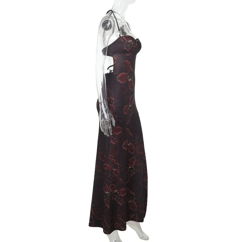 Mystic Bloom Halter Maxi Dress: Dark Floral O-Ring Backless with Slit - Fall & Holiday Glam