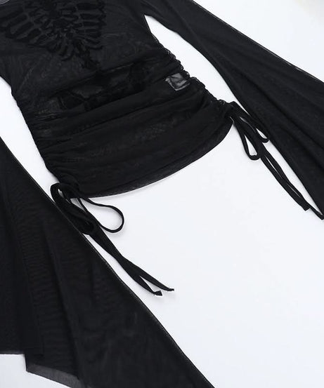 Spooky Chic Skeleton Mesh Top | Off-Shoulder Goth & Alt Bell Sleeve for Halloween & Fall