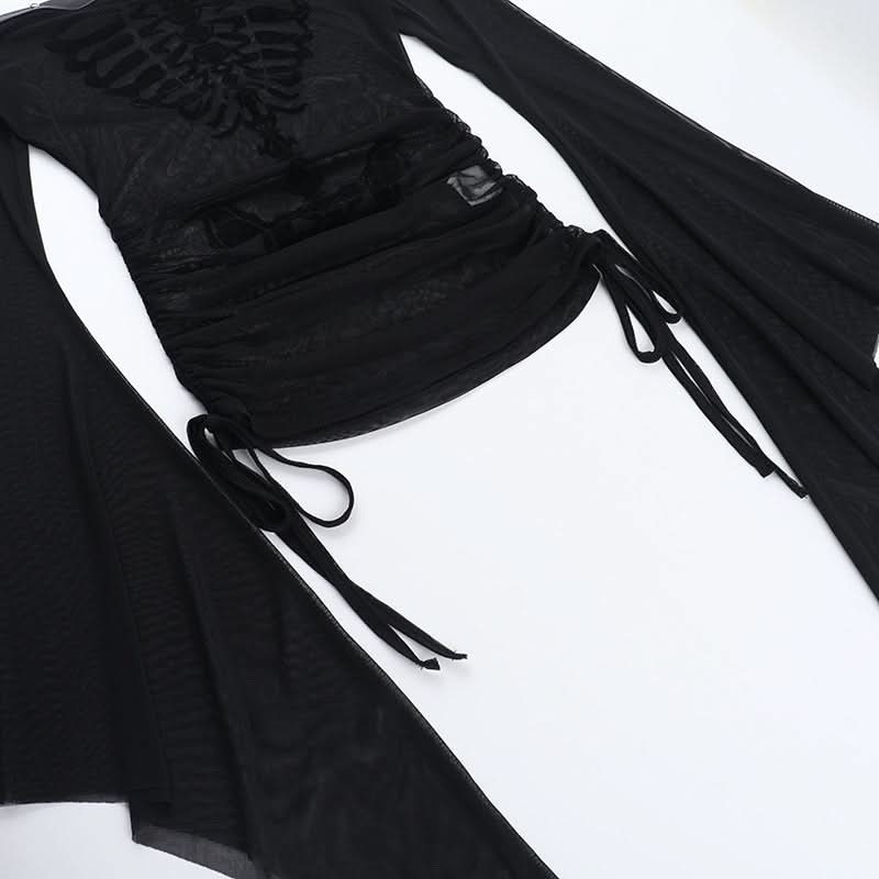 Spooky Chic Skeleton Mesh Top | Off-Shoulder Goth & Alt Bell Sleeve for Halloween & Fall