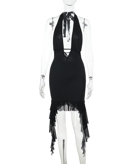 Siren's Call: Black Halter Lace-Up Deep V Mini Dress with Dramatic Ruffle Hem – Your Ultimate Fall Party & NYE Statement