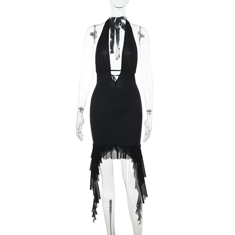 Siren's Call: Black Halter Lace-Up Deep V Mini Dress with Dramatic Ruffle Hem – Your Ultimate Fall Party & NYE Statement