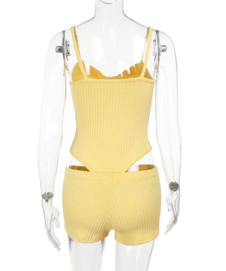 Buttery Soft Ribbed Knit Cami & Shorts Lounge Set - Yellow Comfort for Fall Cozy & Warm Getaways