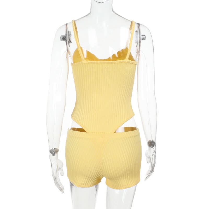 Buttery Soft Ribbed Knit Cami & Shorts Lounge Set - Yellow Comfort for Fall Cozy & Warm Getaways