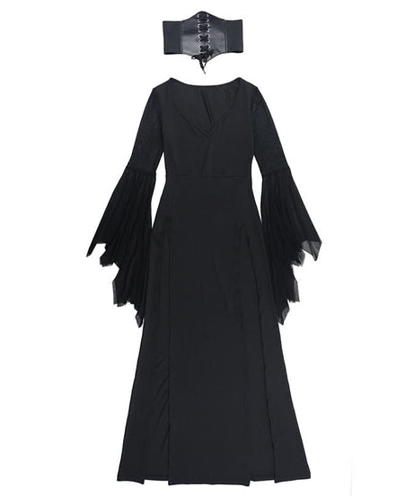 Bewitching Black Gothic Corset Maxi Dress with Bell Sleeves & High Slits - Perfect for Halloween & Fall Parties