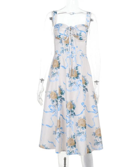 Romantic Floral & Ribbon Midi Dress - Dreamy Drawstring Cami for Vacation & Escape