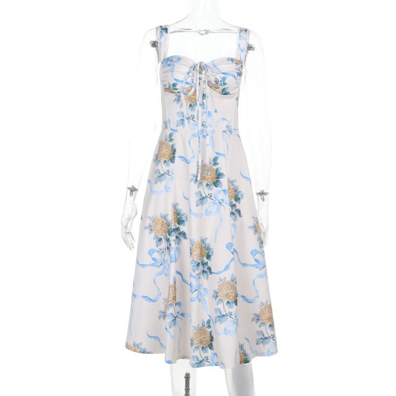Romantic Floral & Ribbon Midi Dress - Dreamy Drawstring Cami for Vacation & Escape