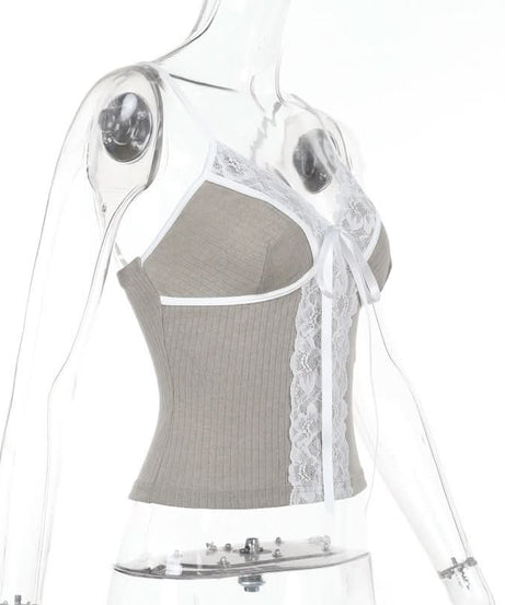 Effortless Chic Ribbed Knit Lace Cami Top with Self-Tie V-Neck - Versatile Fall Layering