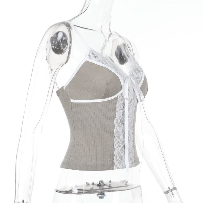 Effortless Chic Ribbed Knit Lace Cami Top with Self-Tie V-Neck - Versatile Fall Layering