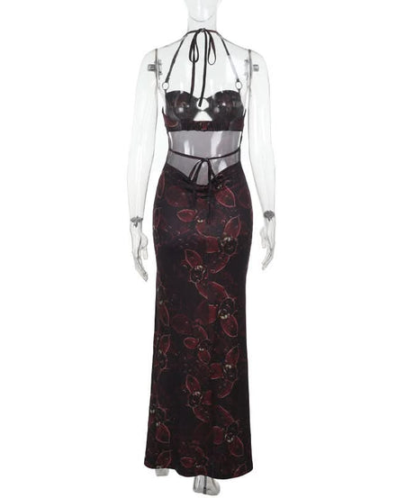 Mystic Bloom Halter Maxi Dress: Dark Floral O-Ring Backless with Slit - Fall & Holiday Glam