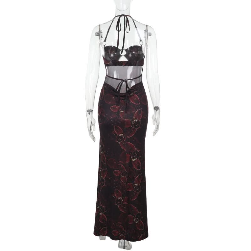Mystic Bloom Halter Maxi Dress: Dark Floral O-Ring Backless with Slit - Fall & Holiday Glam
