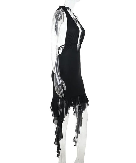 Siren's Call: Black Halter Lace-Up Deep V Mini Dress with Dramatic Ruffle Hem – Your Ultimate Fall Party & NYE Statement