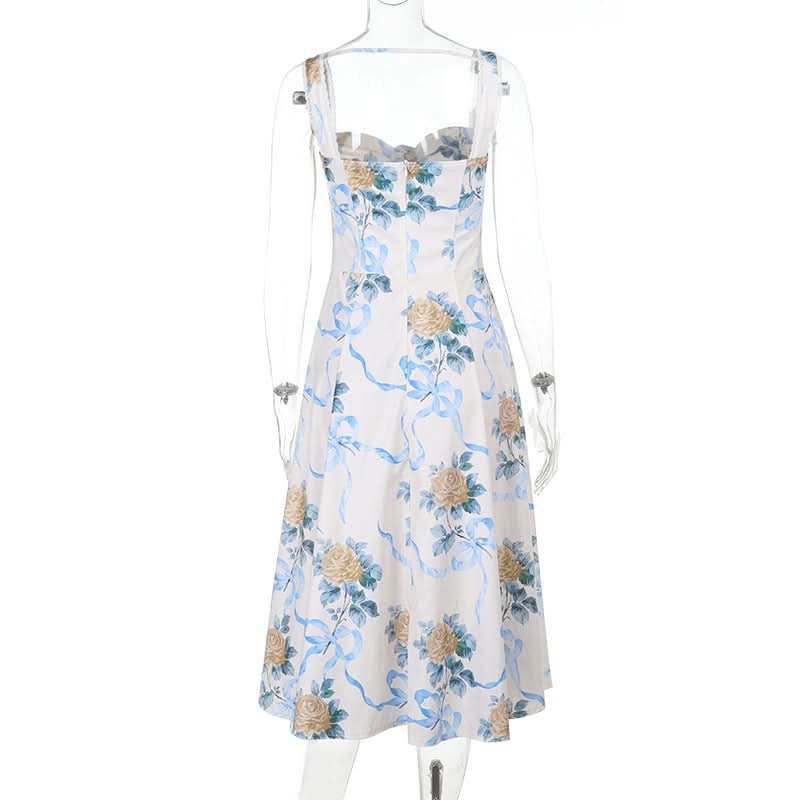 Romantic Floral & Ribbon Midi Dress - Dreamy Drawstring Cami for Vacation & Escape