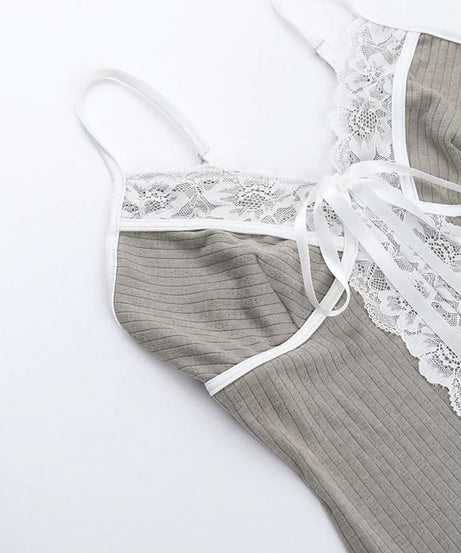 Effortless Chic Ribbed Knit Lace Cami Top with Self-Tie V-Neck - Versatile Fall Layering