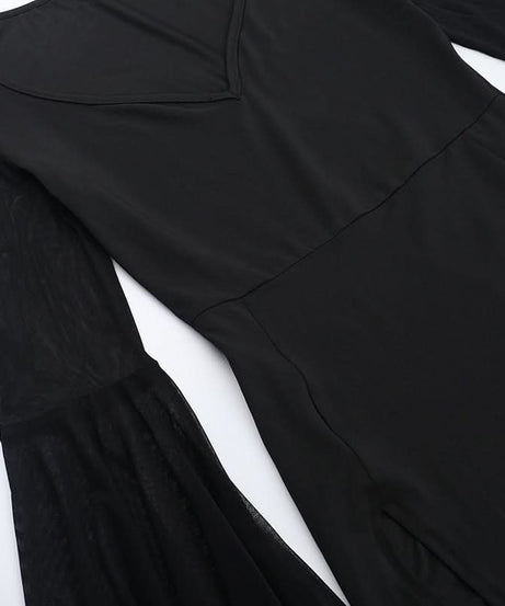 Bewitching Black Gothic Corset Maxi Dress with Bell Sleeves & High Slits - Perfect for Halloween & Fall Parties